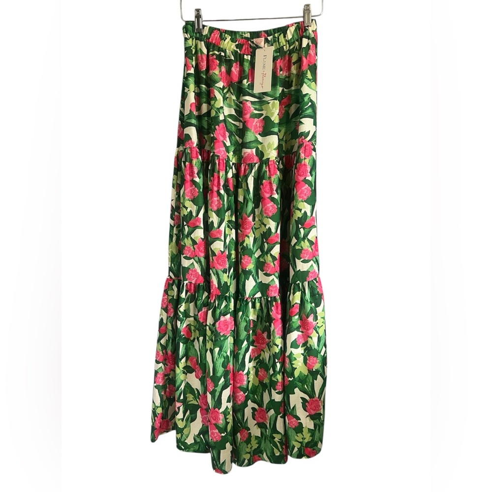 Flying tomato Floral Tiered Maxi Skirt - Green & Pink